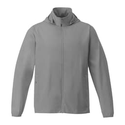 A grey packable rain jacket with a hood and zippered front, featuring side pockets and a logo.