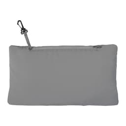 A grey men's packable jacket, folded and stored with a zip closure and a clip for attachment.
