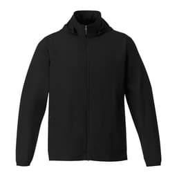 A black men's packable rain jacket with a high collar and zippered front. It features a logo on the chest.