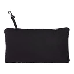A black packable jacket with a zipper, featuring a clip for attachment. It includes a branded logo.