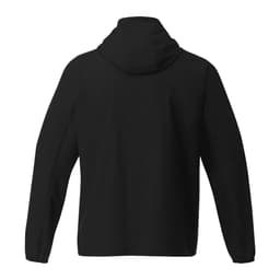 A black men's packable rain jacket featuring a hood and long sleeves. It includes a logo on the back.