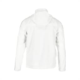 A white men's packable jacket featuring a hood and a logo on the back.