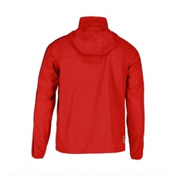 A red packable jacket for men featuring a hood, with a logo on the back and a lightweight design.