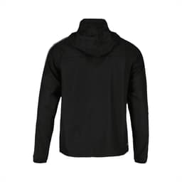 A packable jacket in black, featuring a hood and a logo on the back. Ideal for multi-weather use.