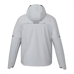 A men's softshell jacket in light grey with a hood, featuring a logo on the back and minimalistic design.