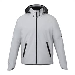 A light grey soft shell jacket with a hood, featuring zippered pockets and a logo on the chest.