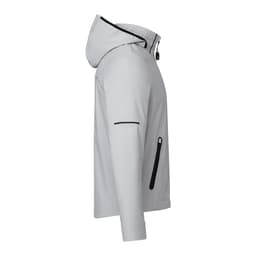 A light grey men's softshell jacket with a hood and black zippers, featuring a logo on the sleeve.