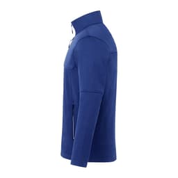 A blue men's softshell jacket with a high collar and side pockets, featuring branding on the chest.