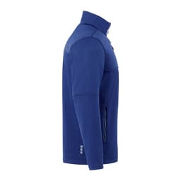 A blue men's softshell jacket featuring a zippered front and side pockets, with a logo on the sleeve.