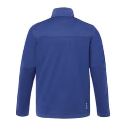 A blue men's softshell jacket featuring a high collar and long sleeves, with a logo on one side.