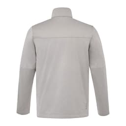A grey men's softshell jacket with a high collar, featuring a smooth texture and a branded logo.