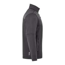 A black eco waterproof softshell jacket with a high collar and zippered pockets, featuring a logo.