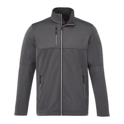 A grey eco waterproof softshell jacket with a zippered front and two side pockets. It features a collar and a logo.