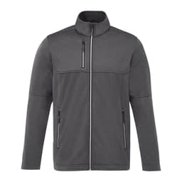 A men's softshell jacket in dark grey with a high collar and zippered pockets, featuring a logo on the chest.