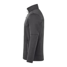 A grey softshell jacket featuring a zip-up front, high collar, and side pockets. It includes a logo.