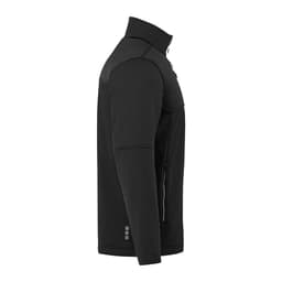 A black men's softshell jacket with a high collar and zippered pockets, featuring a logo.