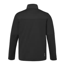A black men's eco waterproof softshell jacket with a high collar and a back seam design, featuring a logo.