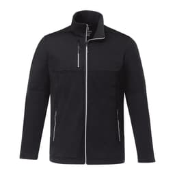 A black softshell jacket with a zip front, high collar, and two front zip pockets, featuring a logo.