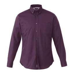 A purple button-up shirt with a collar and a pocket on the left side. It has a logo on the chest area.