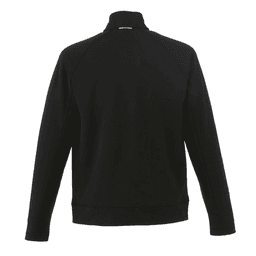 A black men's jacket with a high collar and a sleek, minimalistic design. It features a logo on the back.