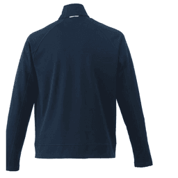 A navy Okapi knit jacket for men, featuring a high collar and long sleeves. Includes a logo on the back.