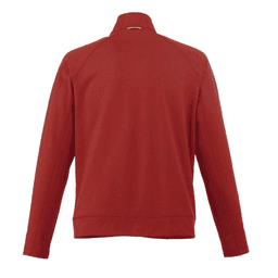 A red men's knit jacket with a high collar and long sleeves, featuring a logo on the back.