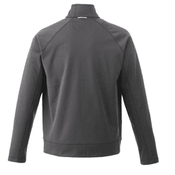 A men's knit jacket in dark grey, featuring a high collar and a logo on the back.