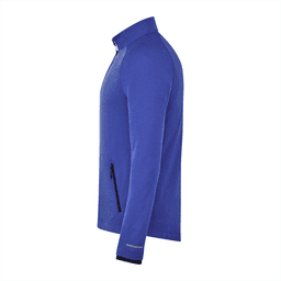 A blue men's jacket with a zip collar and side pocket, featuring a branded logo.