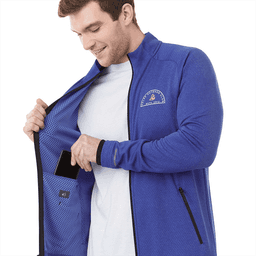A man in a blue jacket with a zip, reaching into an inner pocket, showcasing the jacket's interior design.