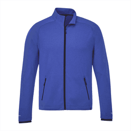 A blue eco knit jacket for men with zippered pockets and a logo on the front.