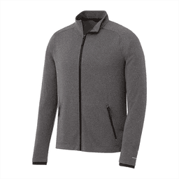 A grey men's jacket with a zip front, zippered pockets, and a subtle textured pattern. It has a logo.