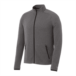 A grey knit jacket featuring a zip front and side pockets, with a logo on it.