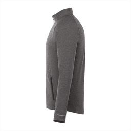 A grey eco-friendly knit jacket for men featuring a zip collar and side pockets. It has a simple logo on it.