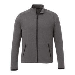 A men's grey eco knit jacket with a zip front and zippered pockets, featuring a logo on the sleeve.