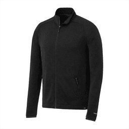 A black eco knit jacket with a zip front, featuring a logo and side pockets. Suitable for men.