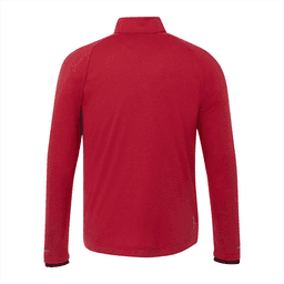 A red jacket with long sleeves and a collar, featuring a logo on the back.