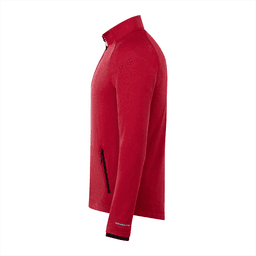 A red men's jacket with a zip and side pocket, featuring a subtle texture and black accents.