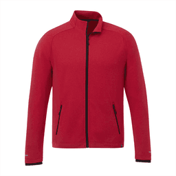 A red eco-knit jacket with a zip front, featuring two side pockets and a branding logo.