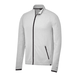A grey eco knit jacket with a zip front, featuring black accents and side pockets, branded logo present.