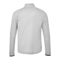 A light grey men's jacket with a collar and long sleeves, featuring a logo on one sleeve.