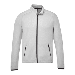 A light grey men's jacket with a zip front, zip pockets, and contrasting black detailing. Features a logo.