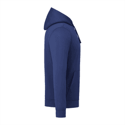 A navy blue men's hoody with a front pocket and a hood, featuring a logo on the side.