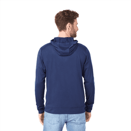 A navy blue men's hoodie featuring a drawstring hood and a logo on the back, made from eco-friendly knit fabric.