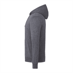 A grey men's hoody featuring a hood and side pockets, made from eco-friendly knit fabric.