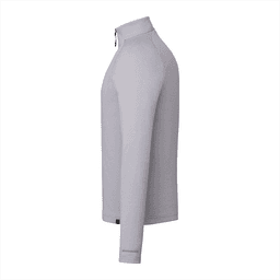 A light grey quarter zip jacket with long sleeves and a fitted design, featuring a logo on the fabric.
