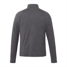 A grey quarter zip jacket with a high collar, featuring a logo on the sleeve.