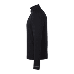 A black quarter-zip jacket with long sleeves and a logo on the side.