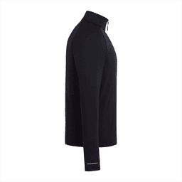 A black quarter zip jacket for men, featuring long sleeves and a fitted design, with a logo on the chest.
