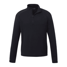 A quarter zip jacket in black with long sleeves, featuring a slight textured design and a logo.