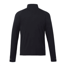A black men's quarter zip jacket with long sleeves and a collar, featuring a logo on the sleeve.